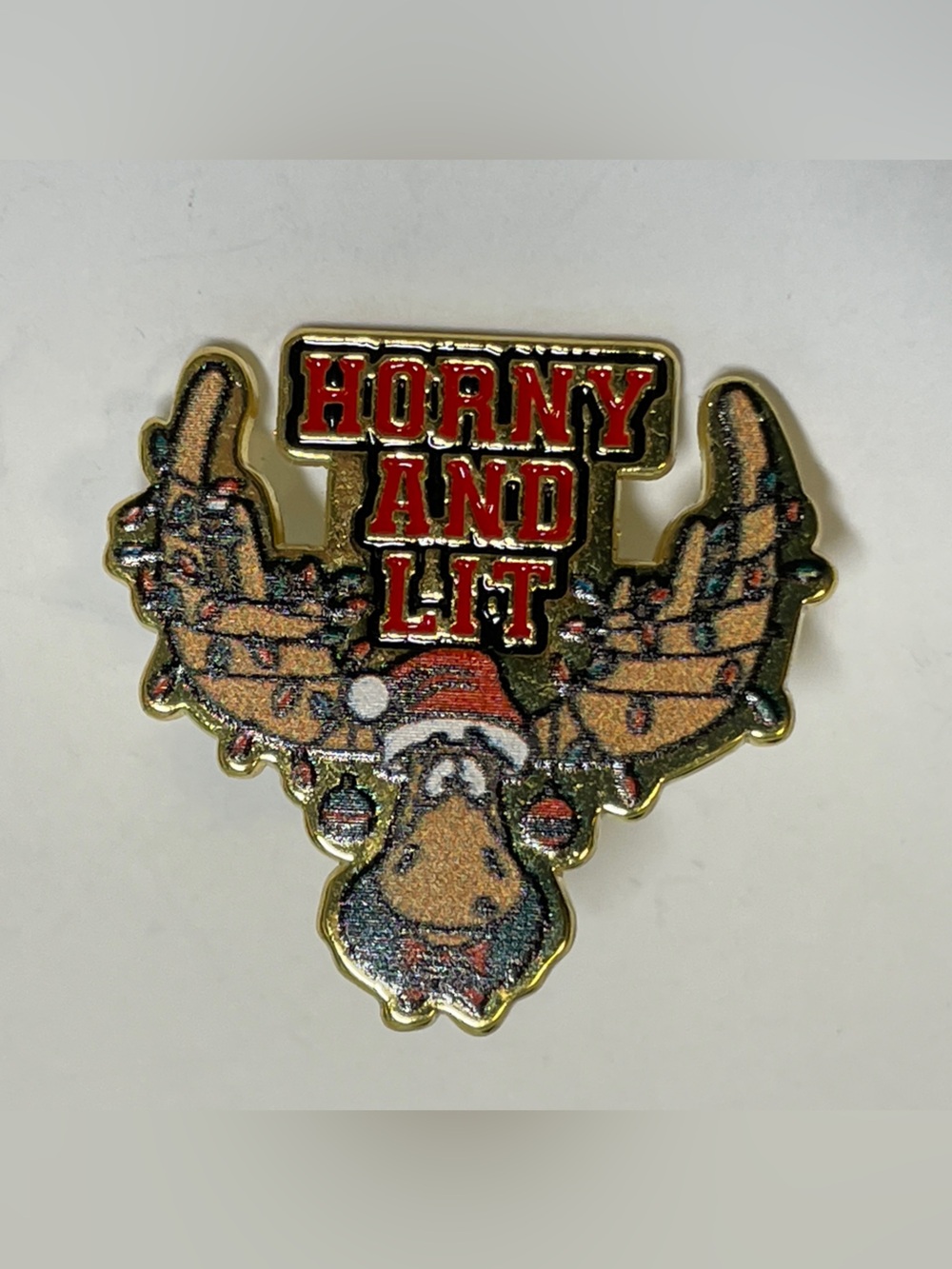 Funny Enamel Pin, Christmas Moose, “Horny & Lit”, Spencer’s Workshop, Snarky VTG